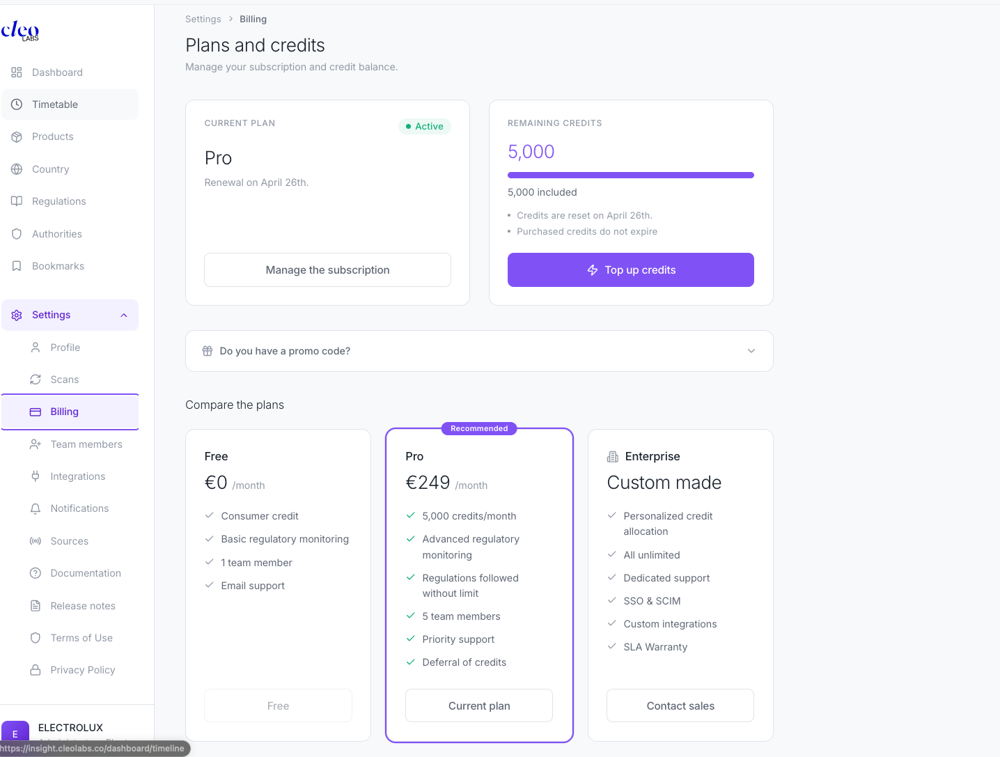 Billing page