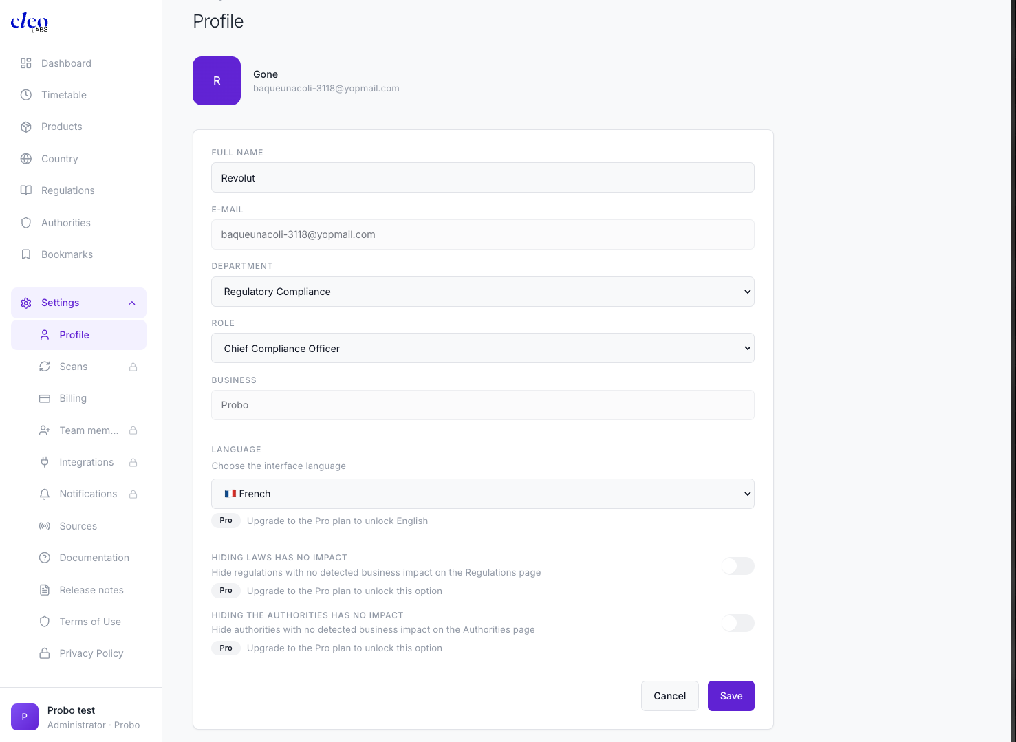 Profile settings